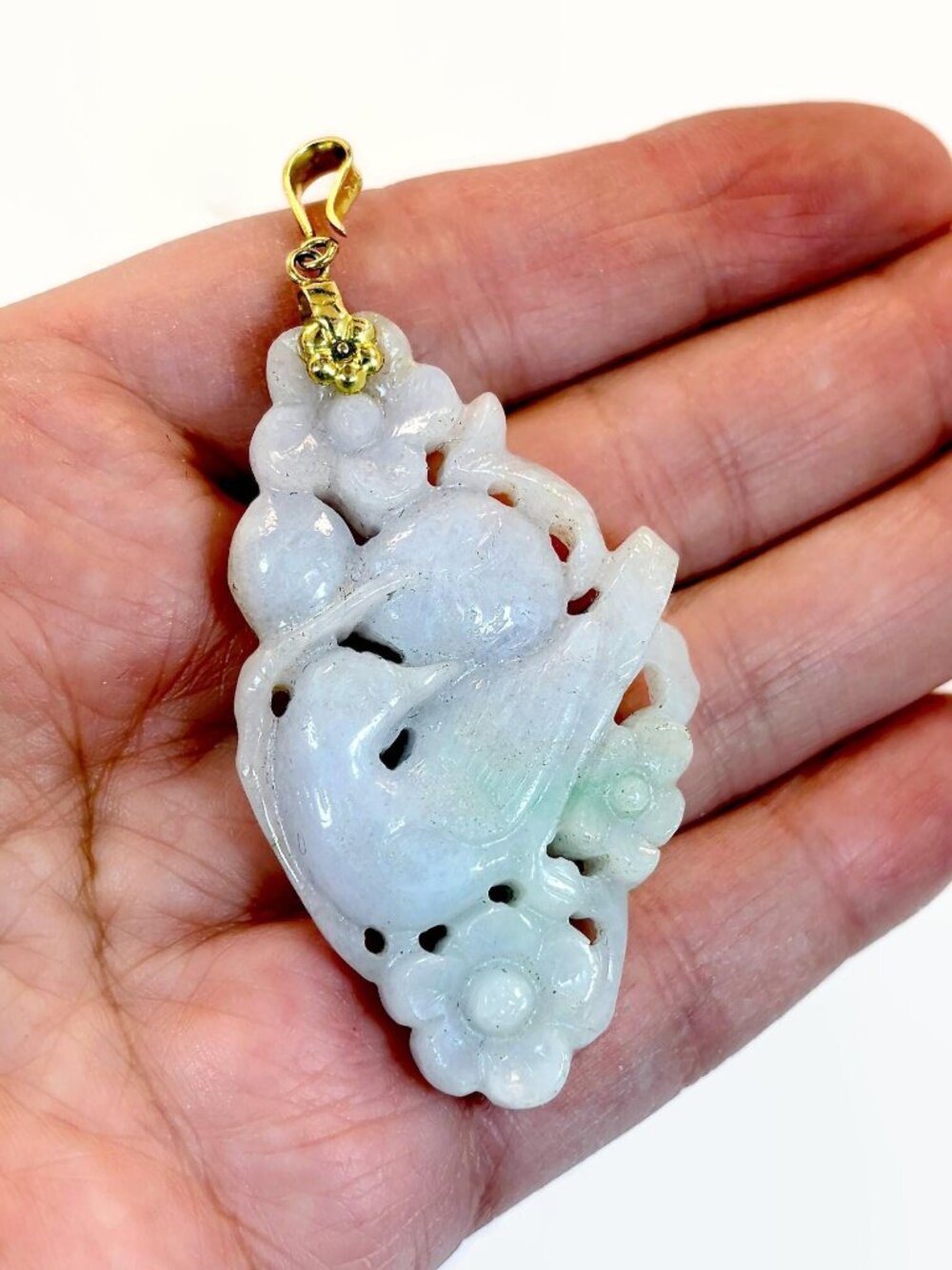 Jade Pendant, 14K Gold, Lavender Jade, Carved, Birds, Flowers, Purple